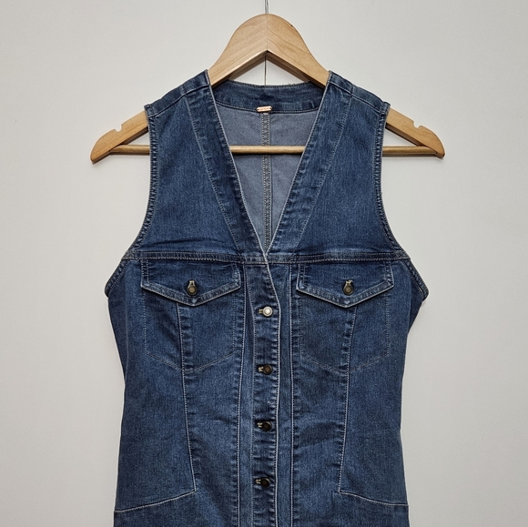 Free People Wandering Star Denim Button-Down Mini Dress - with pockets - fitted - Picture 4 of 8